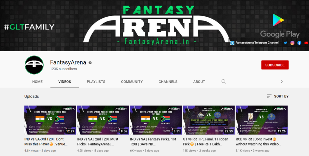 Fantasy Arena youtube channel