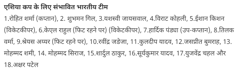 India Squad for Asia Cup 2023